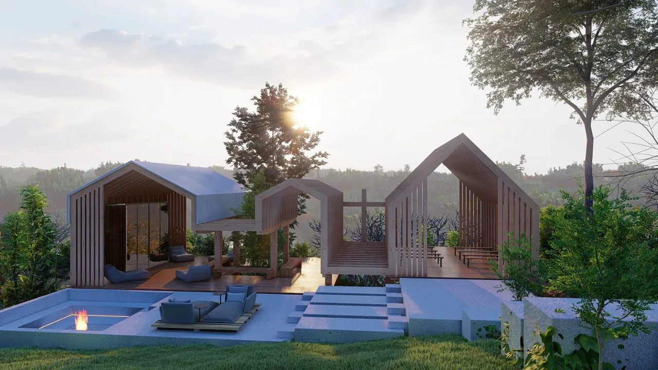 Volumes residenciais de madeira da Casa Vitor ao entardecer