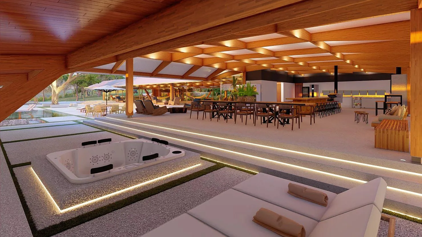 Spa junto ao espaço gourmet sob estrutura de madeira da Casa Vitor