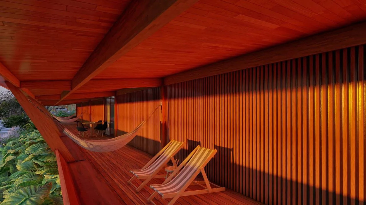 Deck coberto em madeira com espreguiçadeiras na Casa Vitor