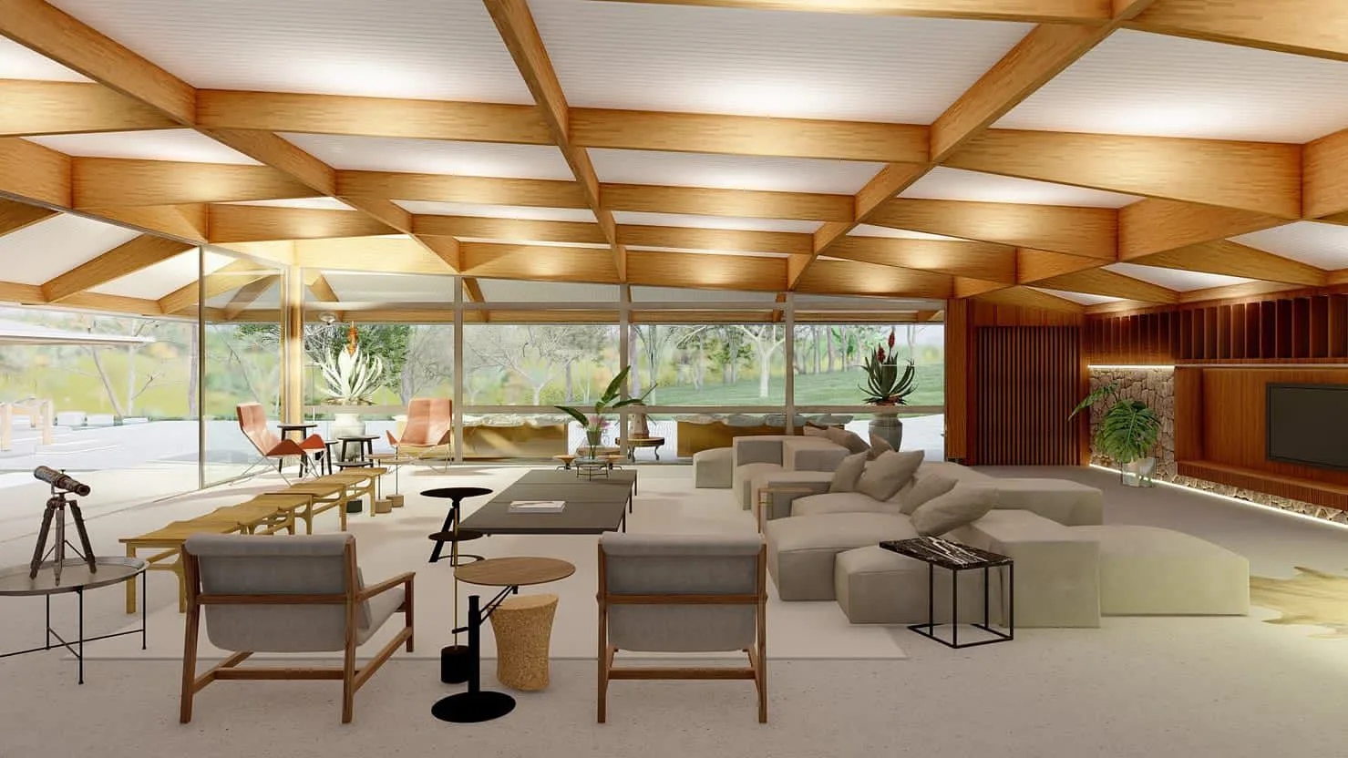 Sala de estar ampla sob vigas de madeira na Casa Vitor