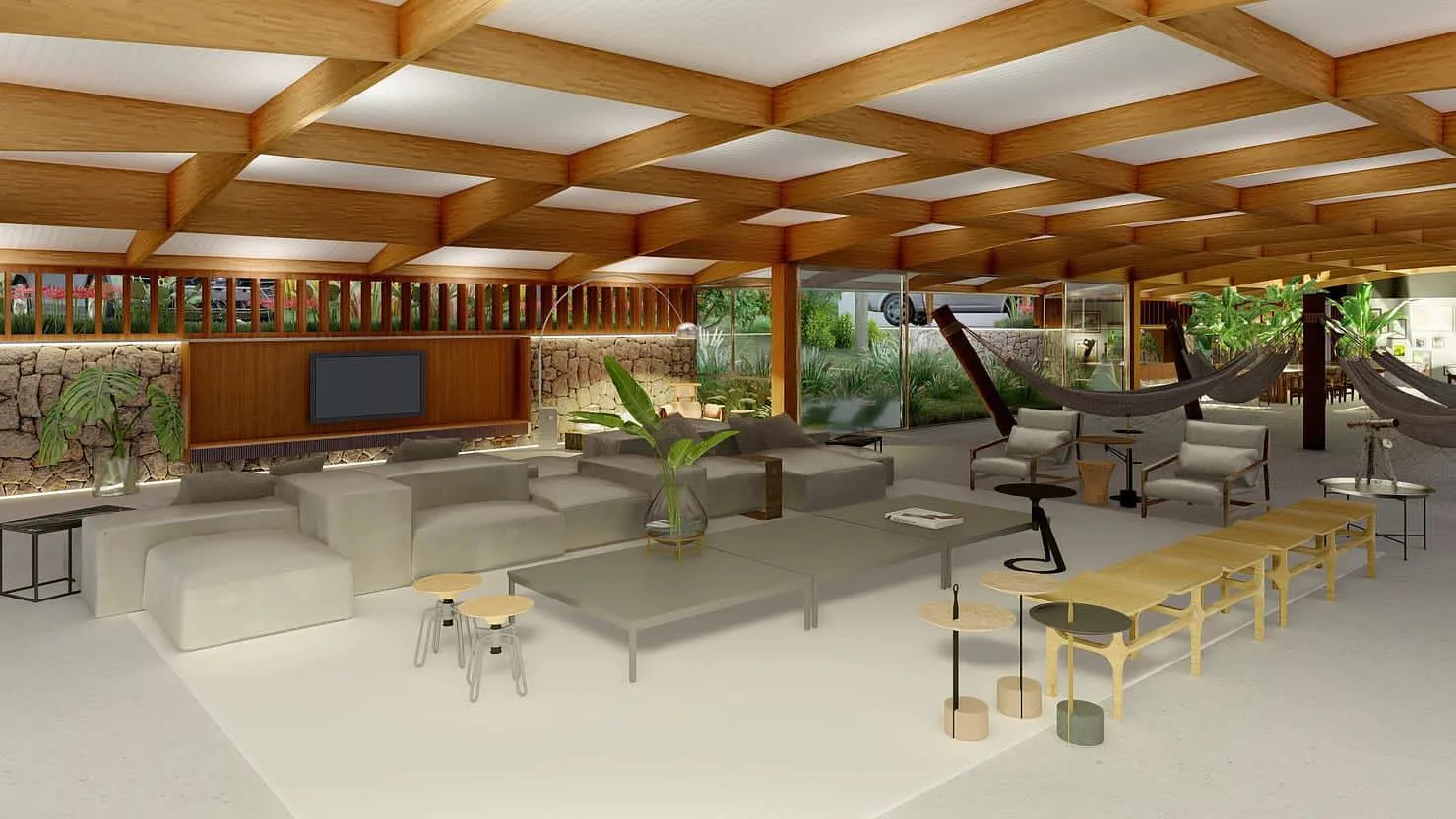 Sala de estar com sofás sob cobertura de madeira na Casa Vitor