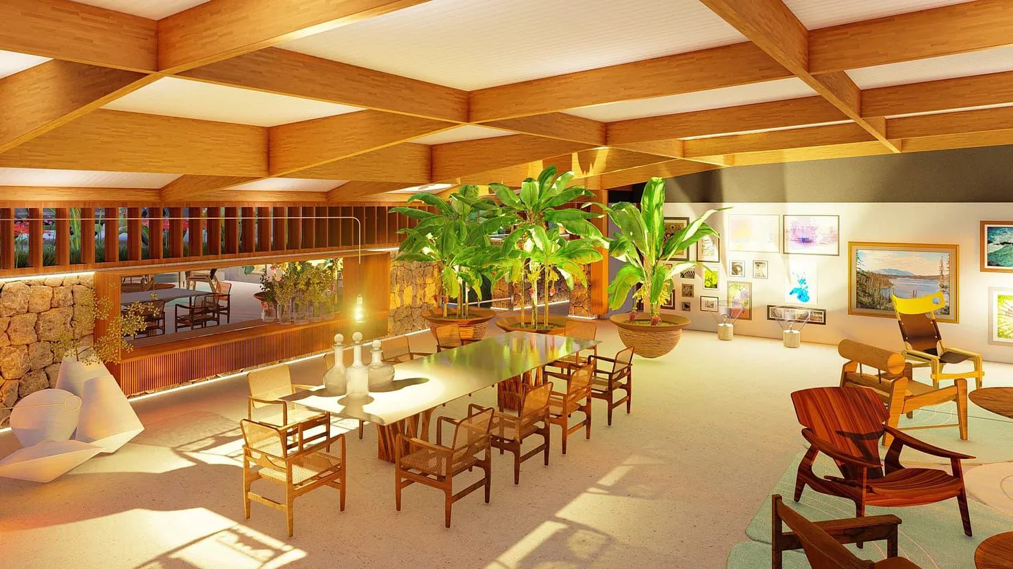 Sala de jantar com estrutura de madeira aparente na Casa Vitor