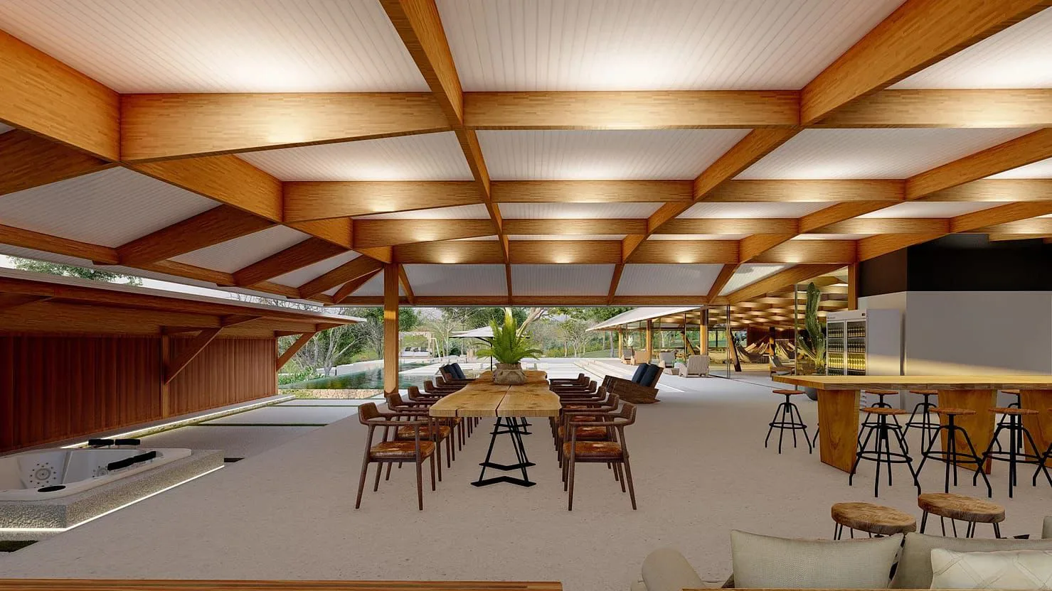 Espaço gourmet aberto sob cobertura de madeira na Casa Vitor