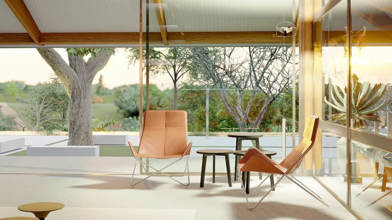 Poltronas junto ao pano de vidro e à estrutura de madeira da Casa Vitor