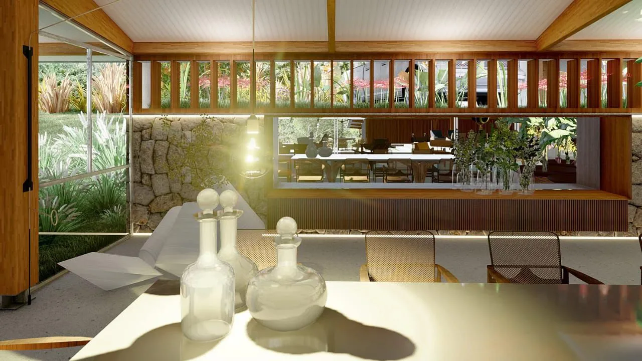 Bancada da cozinha sob cobertura de madeira na Casa Vitor