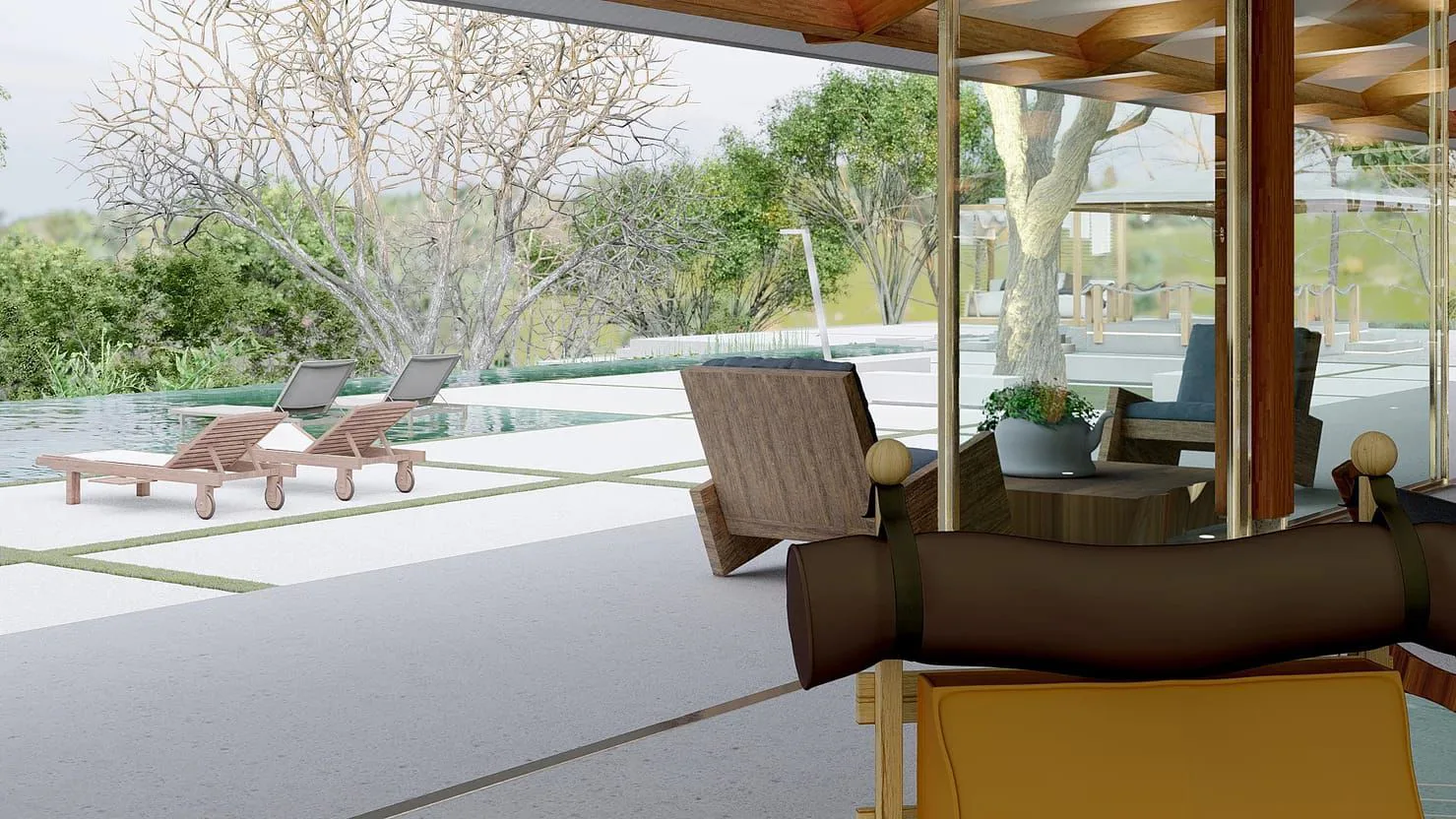 Sala de estar da Casa Vitor voltada para a piscina