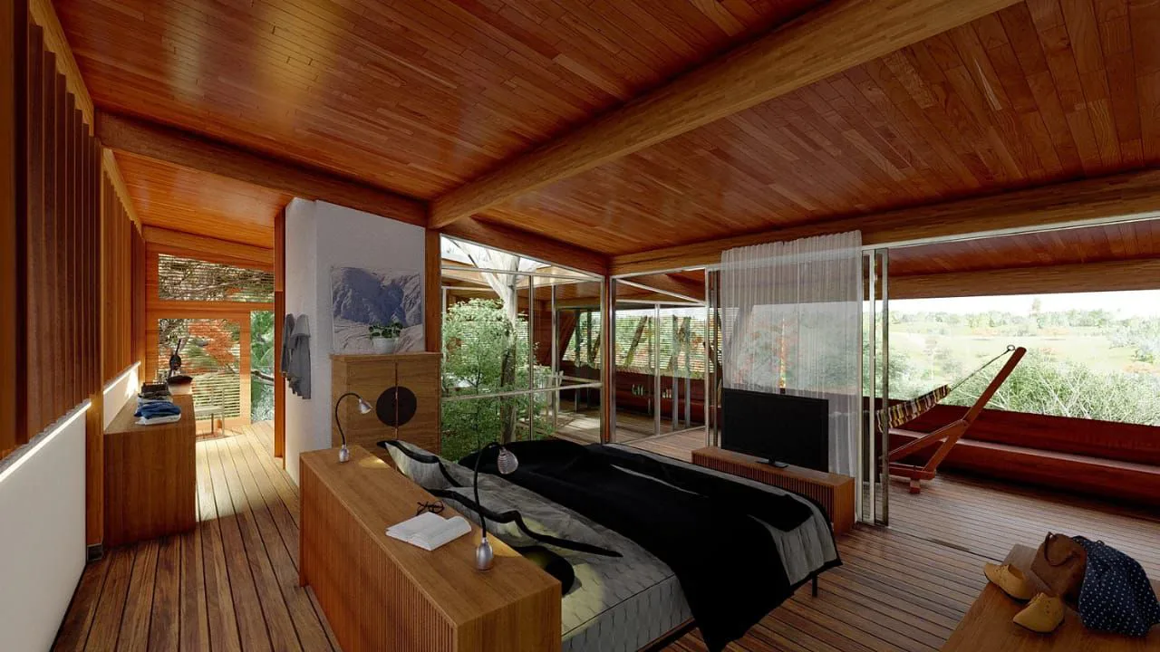 Quarto com acabamento em madeira e vista para a varanda da Casa Vitor