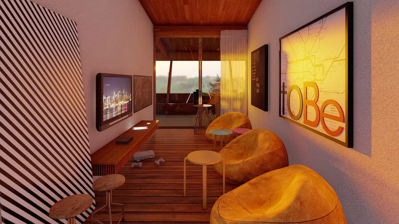 Sala íntima com forro e mobiliário em madeira na Casa Vitor