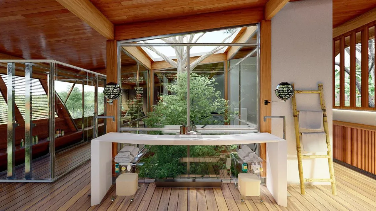 Bancada junto ao jardim sob acabamento de madeira na Casa Vitor